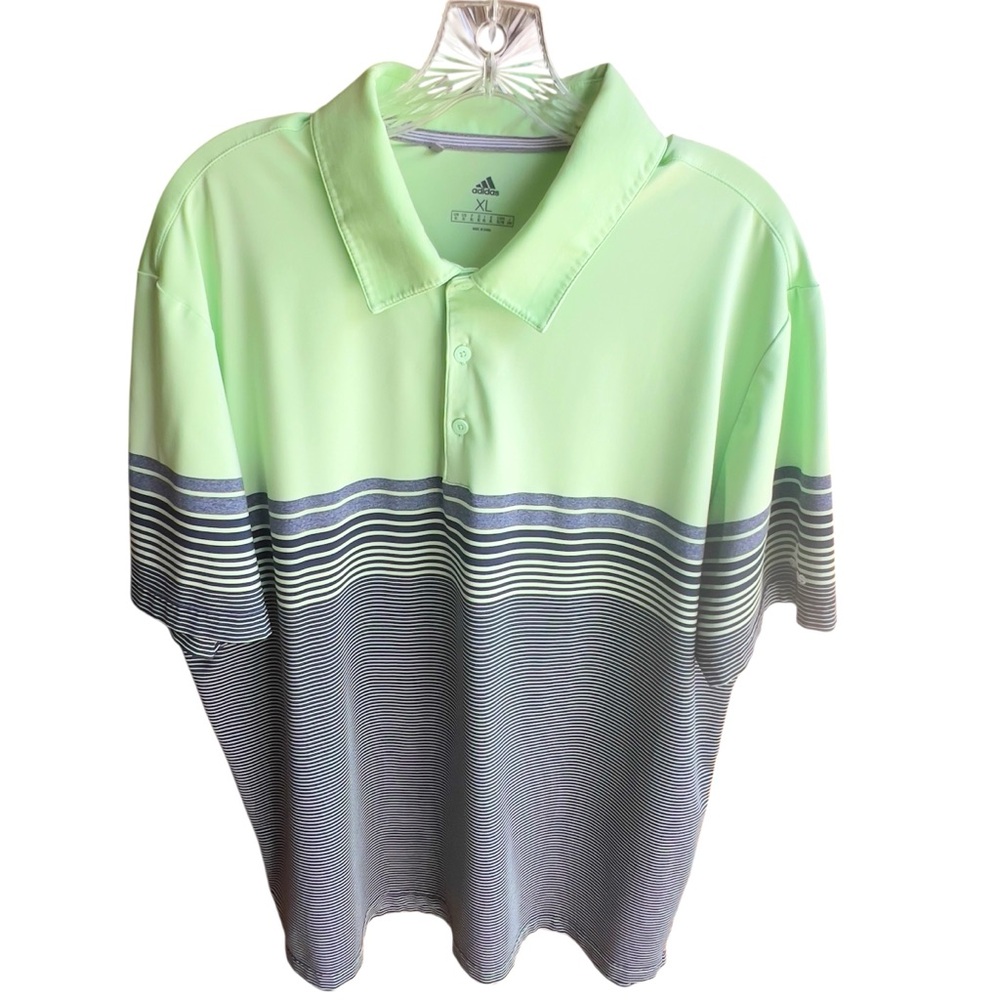 Sporty Adidas Mint Green/Navy/Gray Short Sleeve Golf Shirt with Stripes.  XL
